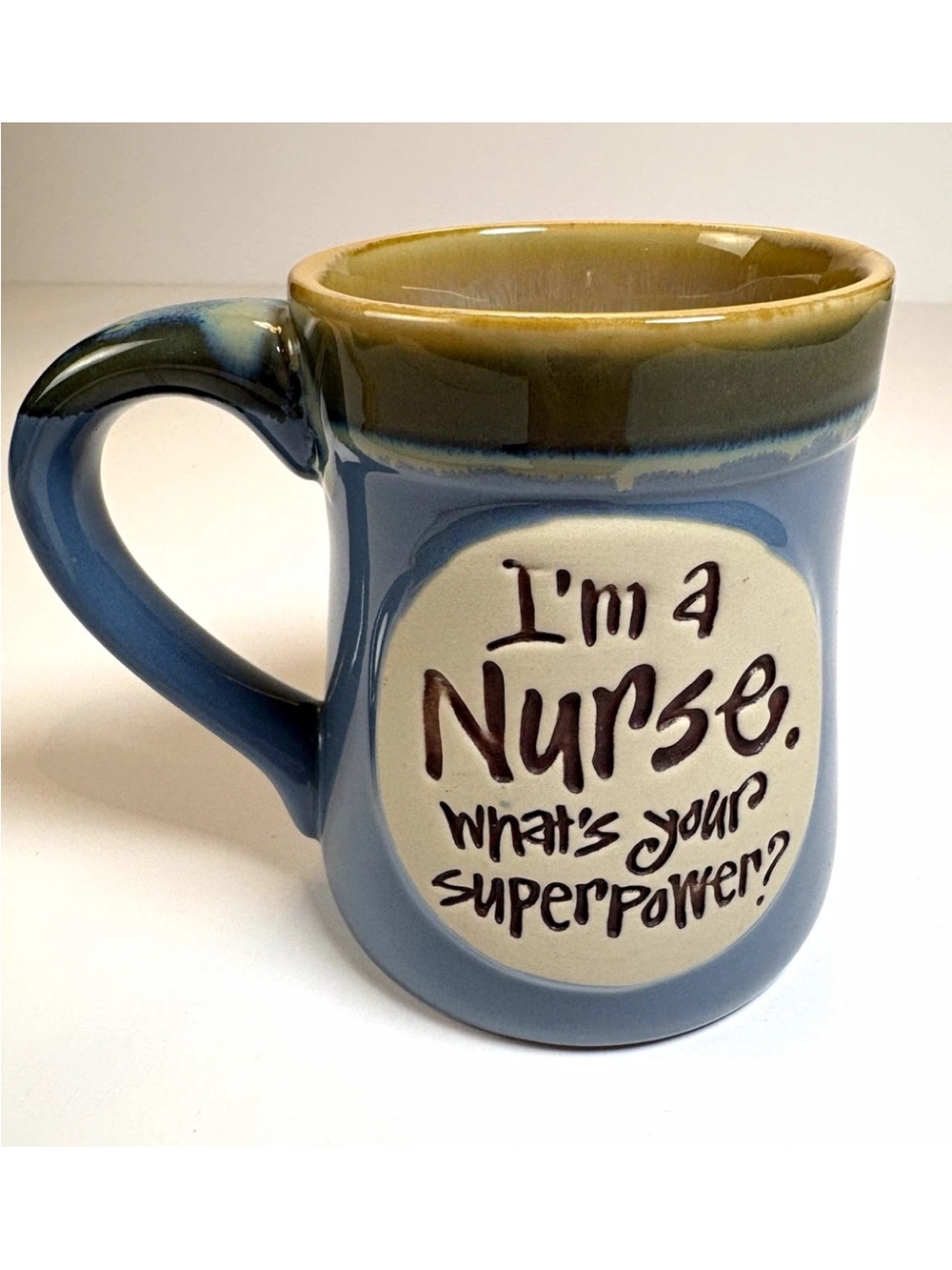 Blue and Tan Ceramic Nurse Mug with Inspirational Message
